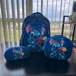 Mochila Stitch Primaria Combo Lonchera Kit Lapicera 3D Luz
